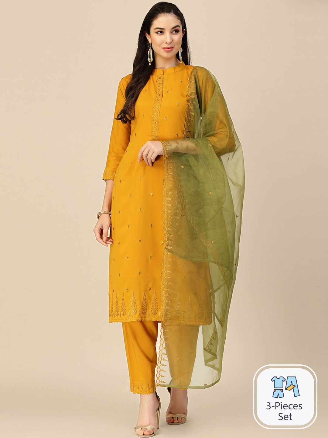 

ODETTE Floral Embroidered Straight Kurta With Trousers & Dupatta, Mustard