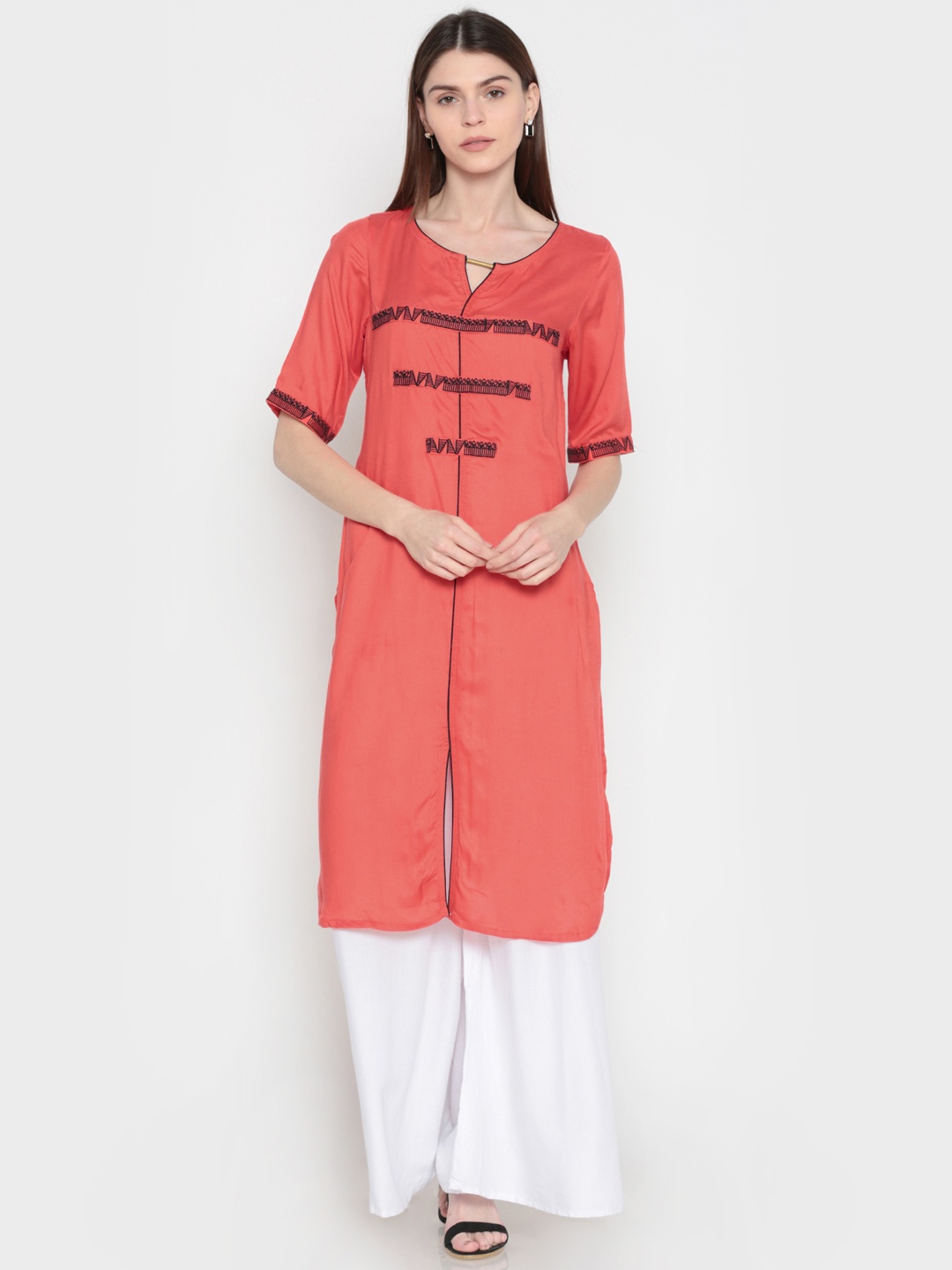 

Karigari Women Coral Orange Yoke Design A-Line Kurta