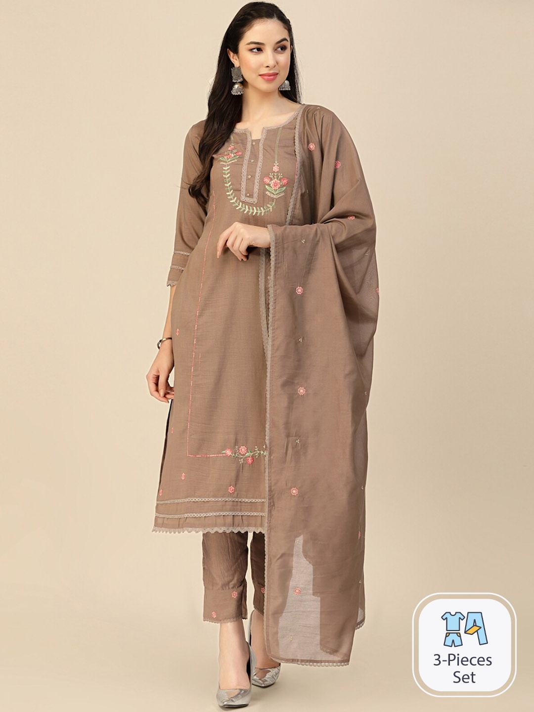 

ODETTE Floral Embroidered Regular Thread Work Kurta & Trousers With Dupatta, Brown