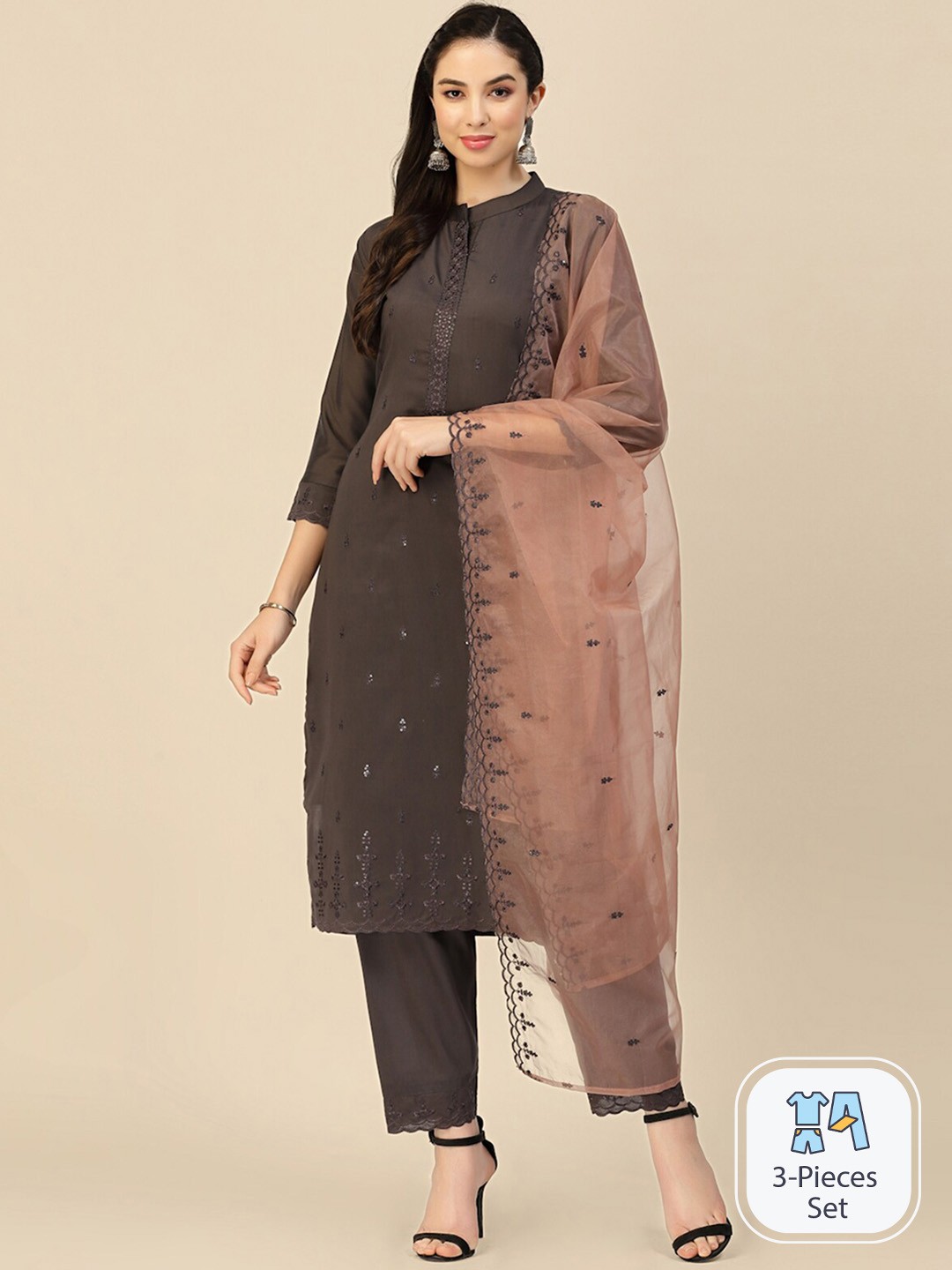 

ODETTE Ethnic Motifs Embroidered Straight Kurta With Trousers & Dupatta, Olive
