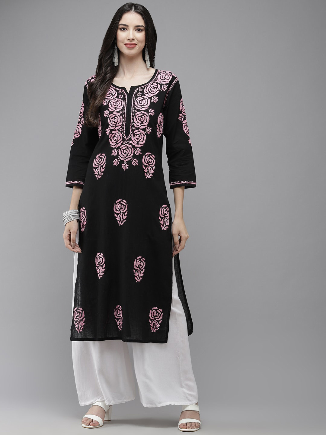 

ADA Floral Embroidered Chikankari Pure Cotton Kurta, Black