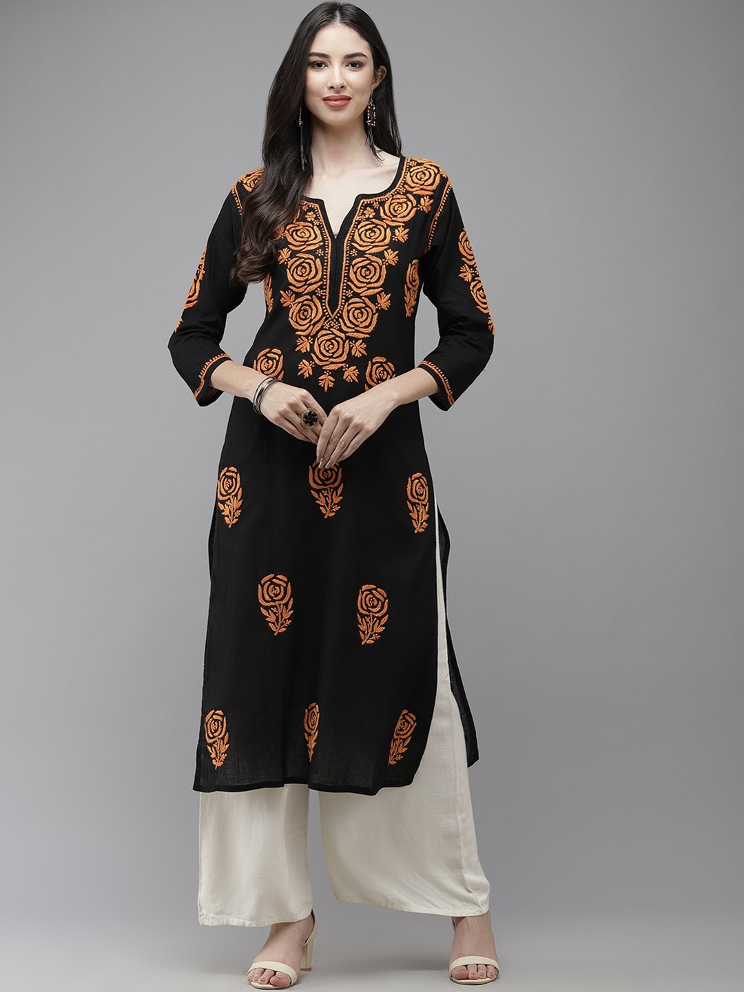 

ADA Floral Embroidered Chikankari Pure Cotton Kurta, Black