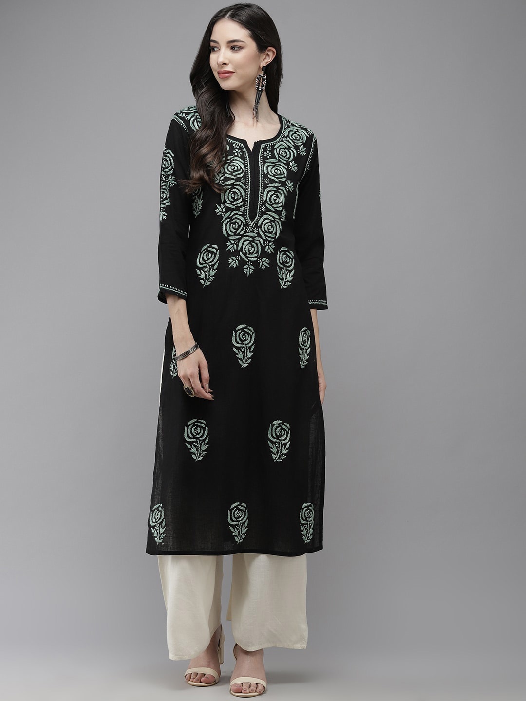 

ADA Floral Embroidered Chikankari Pure Cotton Kurta, Black