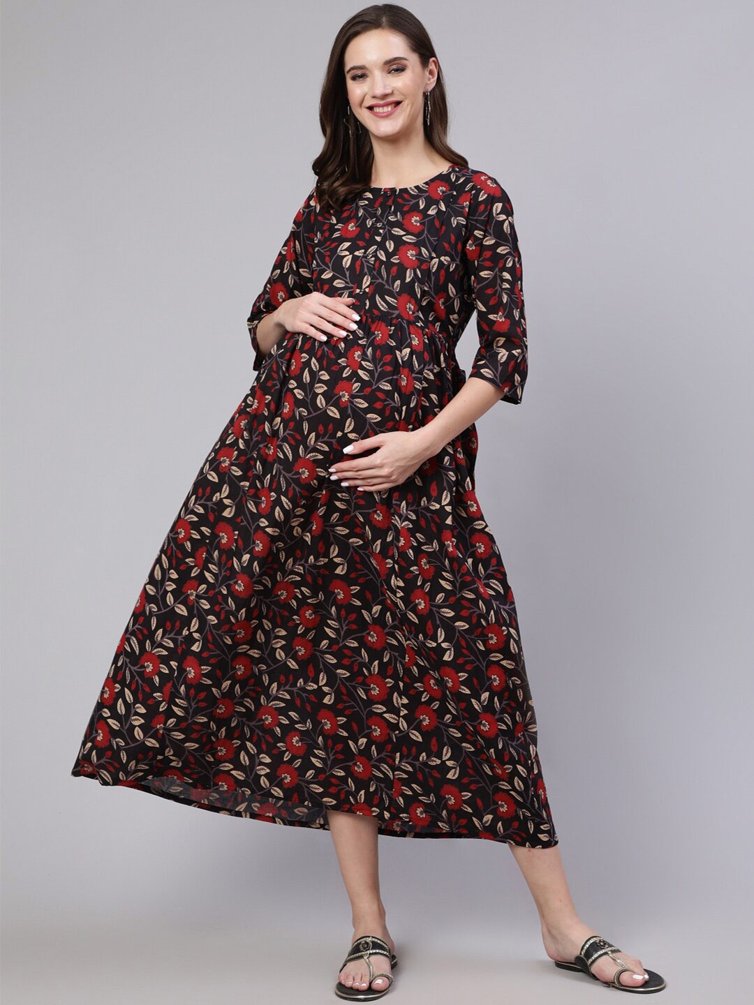 

Nayo Floral Printed Maternity Fit & Flare Cotton Midi Dress, Black