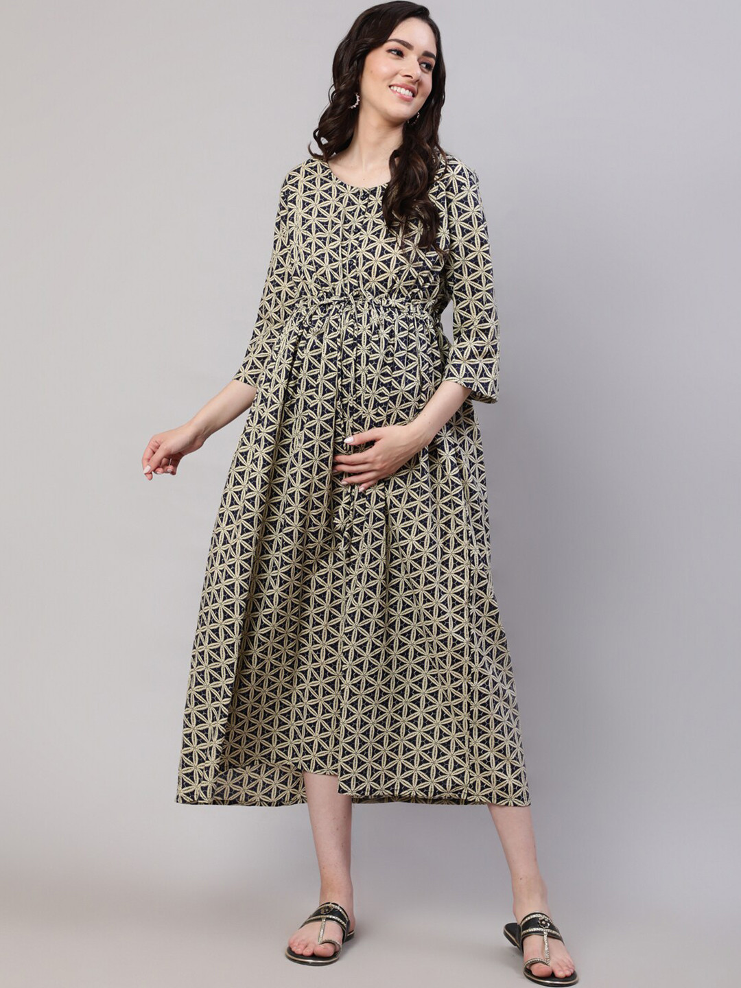 

Nayo Floral Printed Maternity Cotton Empire Ethnic Dress, Beige