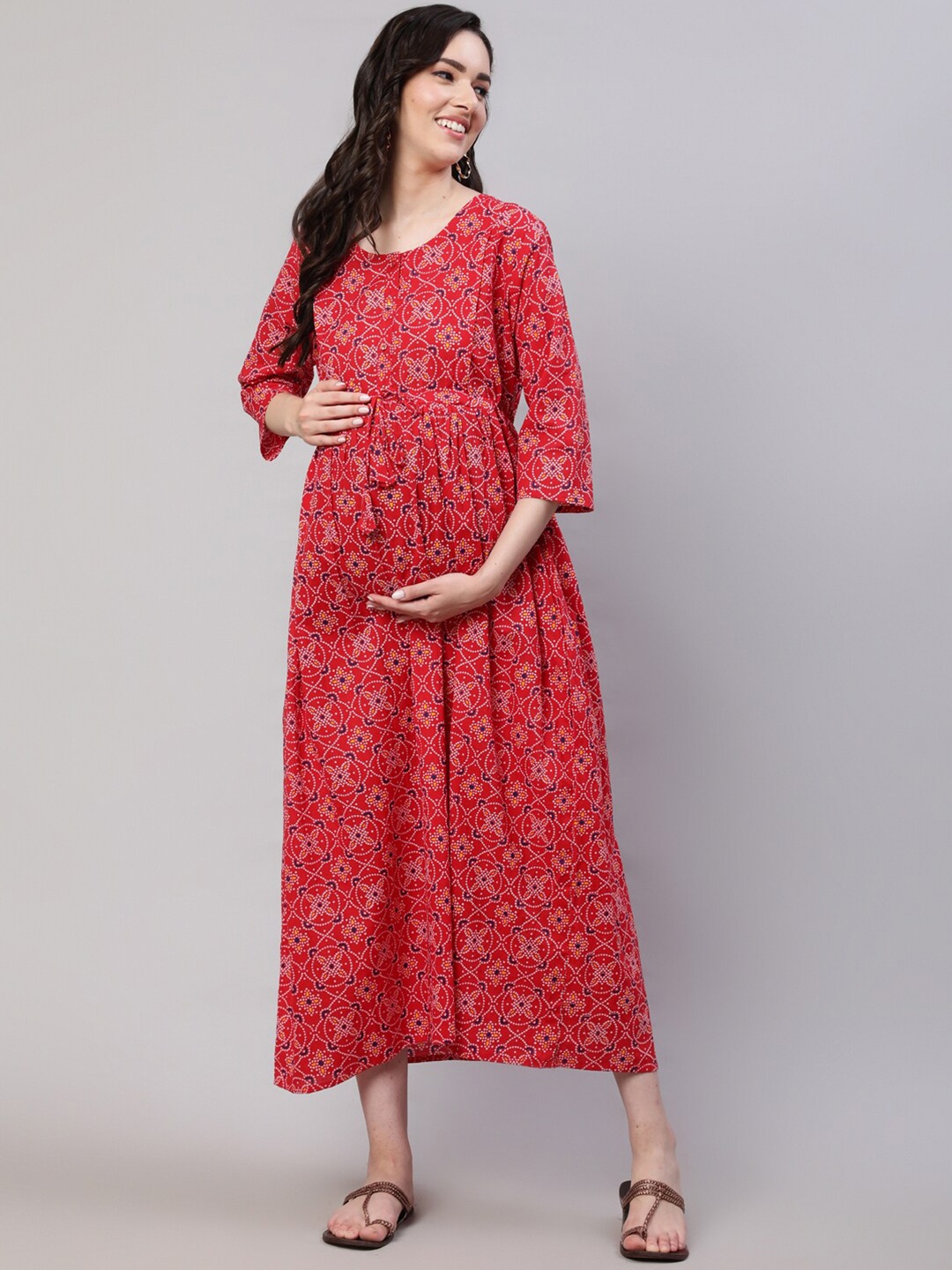 

Nayo Floral Printed Maternity A-line Cotton Midi Dress, Red