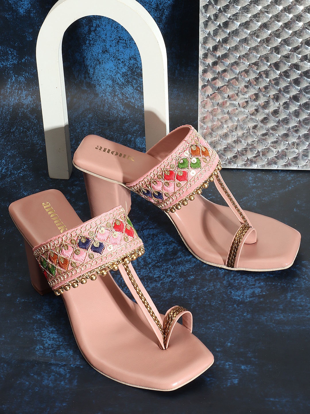 

Anouk Peach-Coloured & Gold-Toned Embroidered Block Heels