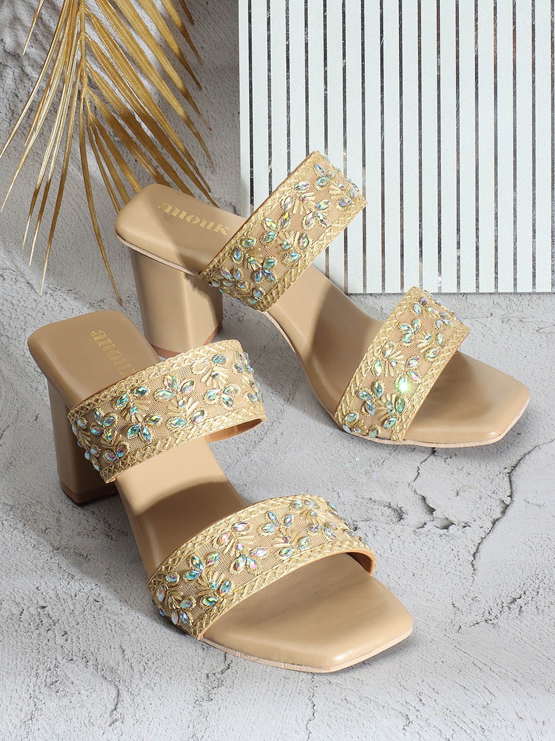 

Anouk Embellished Ethnic Block Heels, Beige