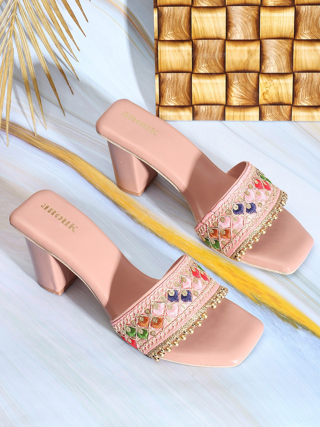 

Anouk Ethnic Embellished Block Heels, Peach