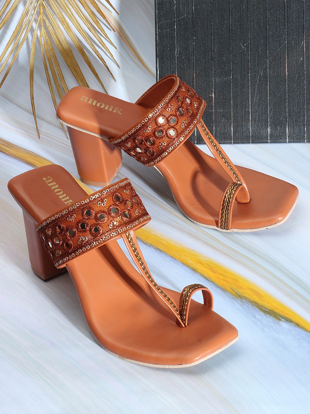 

Anouk Embellished Ethnic Block Heels, Tan