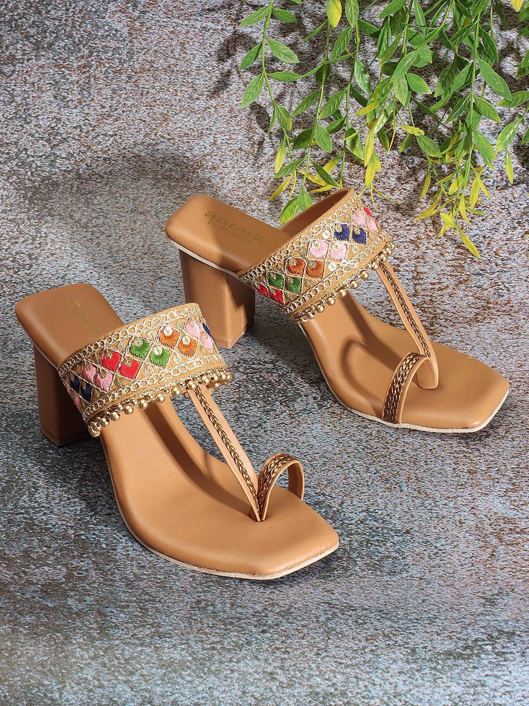 

Anouk Beige & Gold-Toned Embroidered Ethnic Block Heels