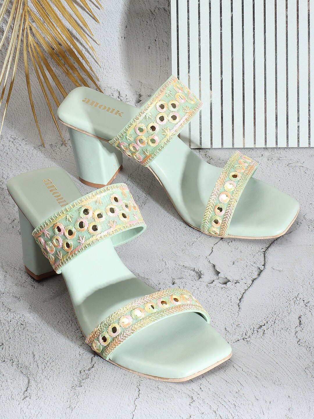 

Anouk Ethnic Embellished Block Heels, Sea green