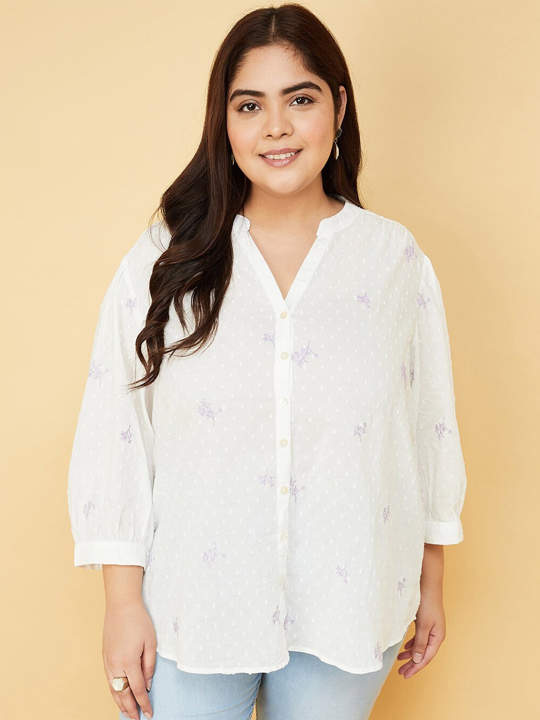 

max Self Design Mandarin Collar Cotton Regular Top, Off white