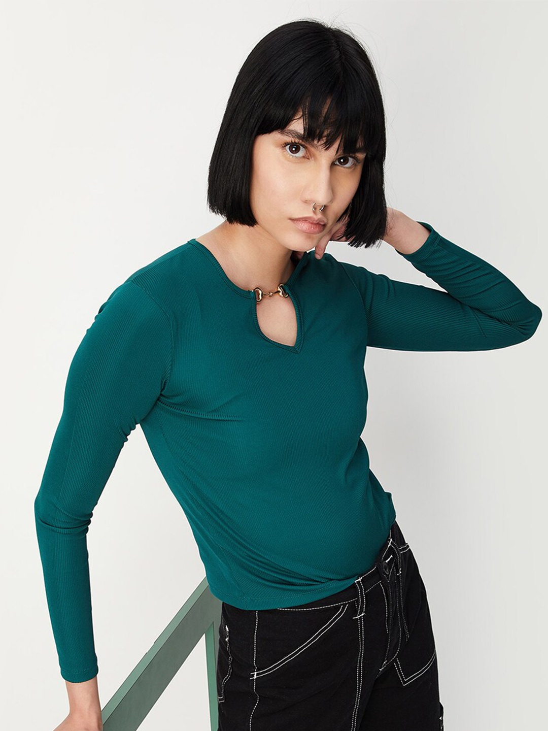 

max Keyhole Neck Regular Top, Green