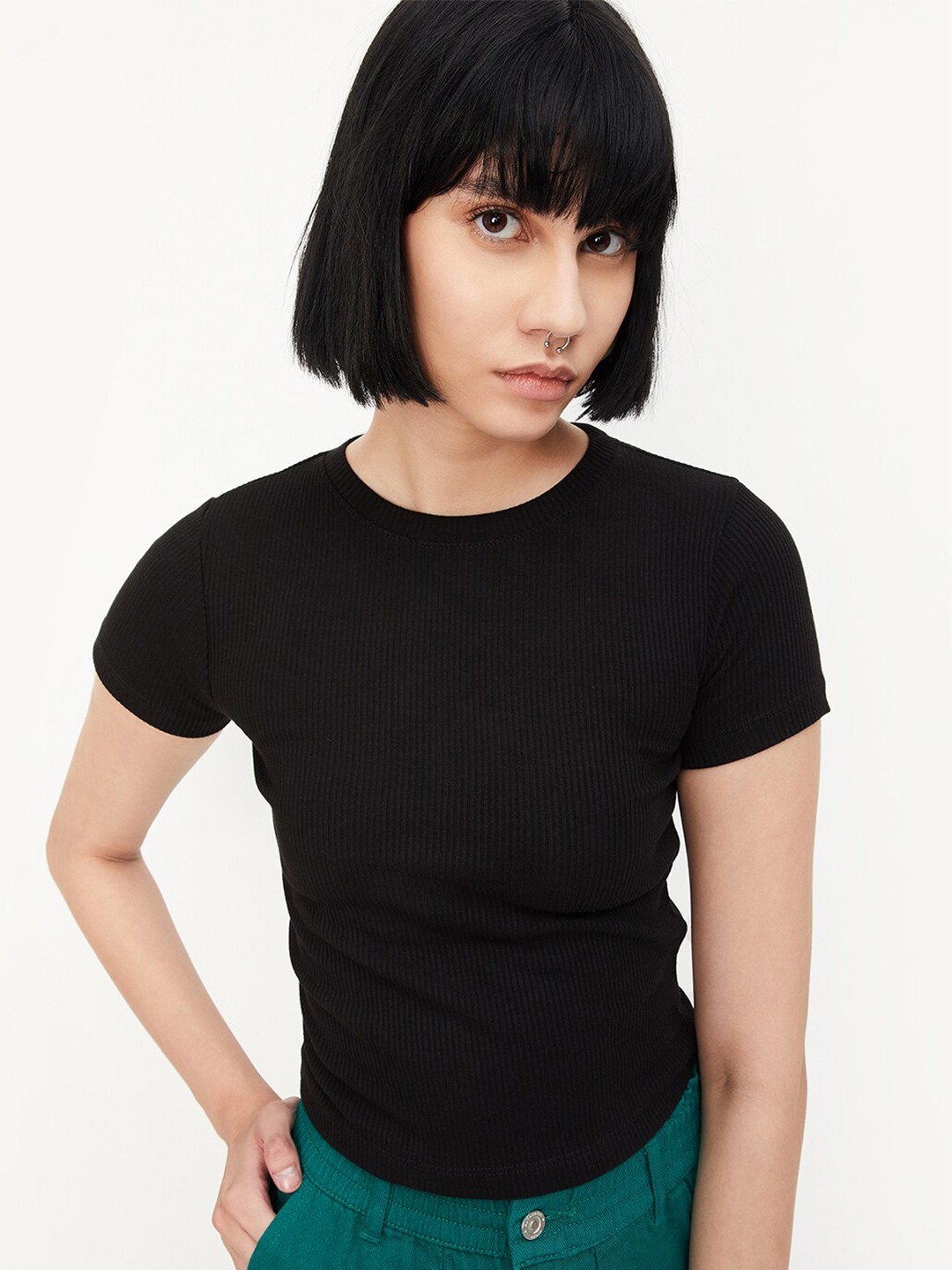 

max Round Neck Cotton Regular Top, Black
