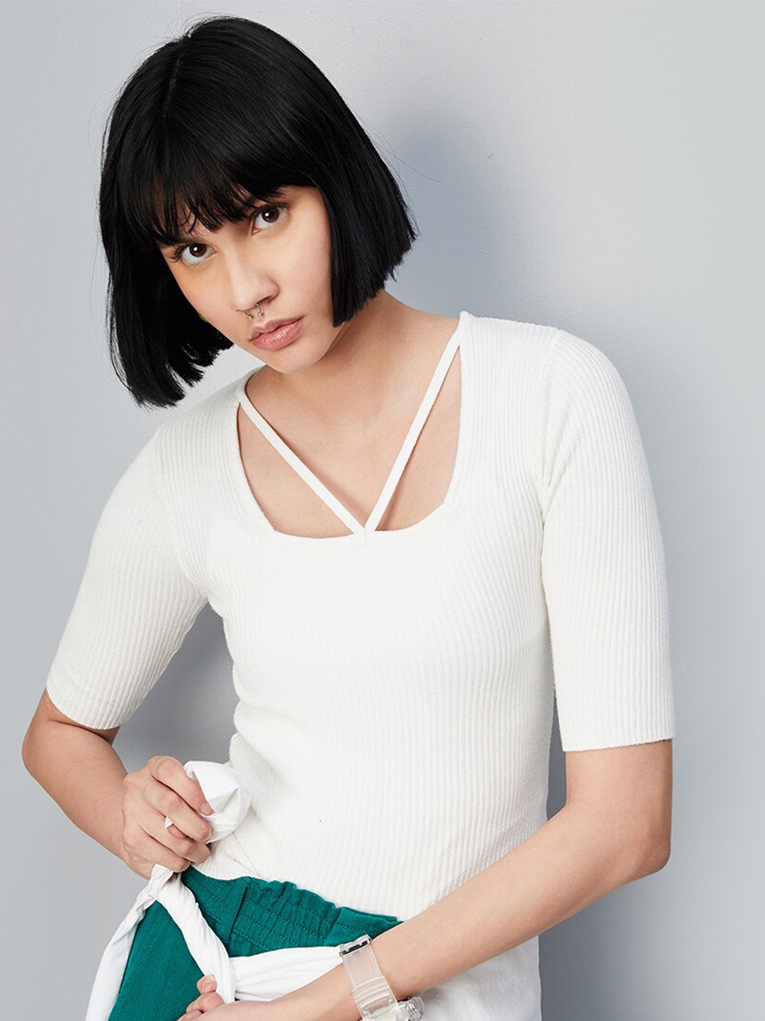 

max Square Neck Ribbed Fitted Top, Beige