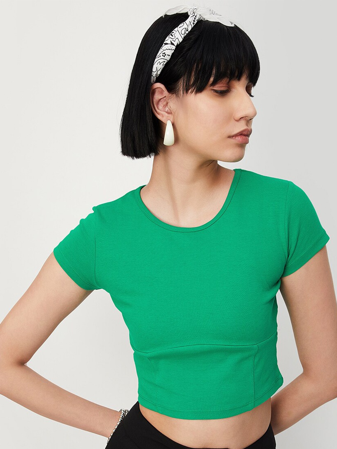 

max Round Neck Cotton Crop Fitted Top, Green