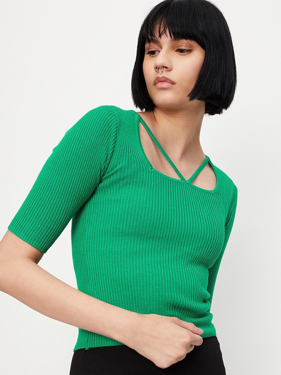 

max Round Neck Ribbed Fitted Top, Green