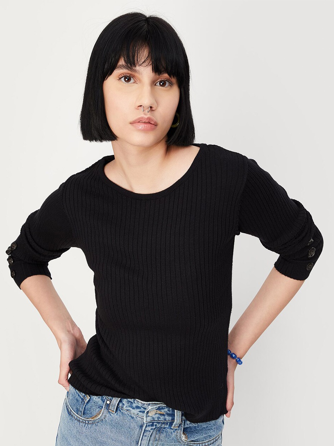 

max Ribbed Pullover With Button Detail, Black