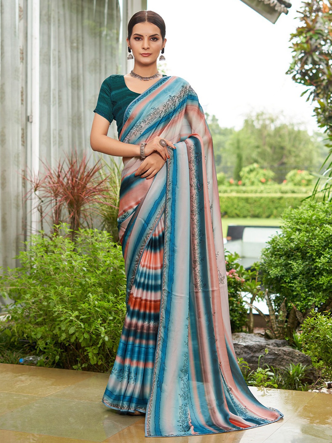 

KARAGIRI Striped Beads and Stones Satin Saree, Teal
