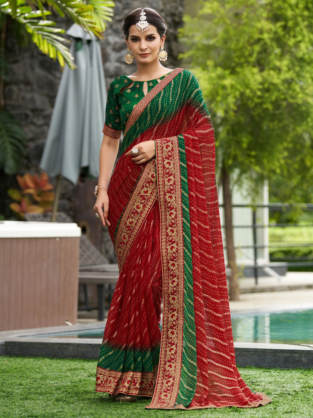

KARAGIRI Woven Design Embroidered Poly Georgette Saree, Red