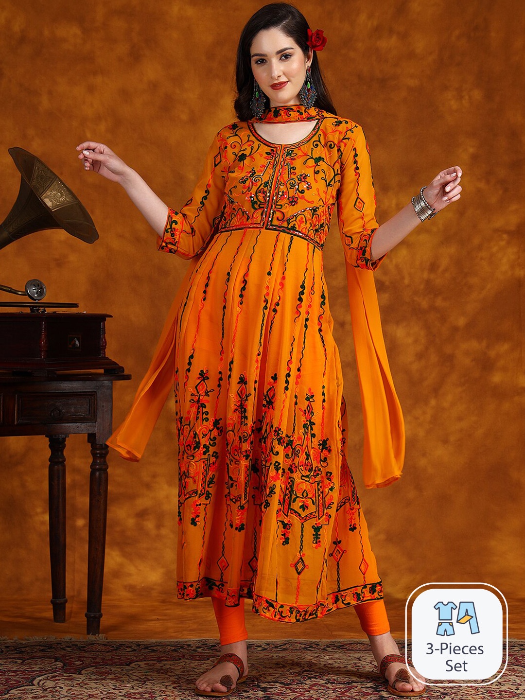 

KALINI Floral Embroidered Sequined Anarkali Pleated Georgette Kurta With Dupatta, Mustard