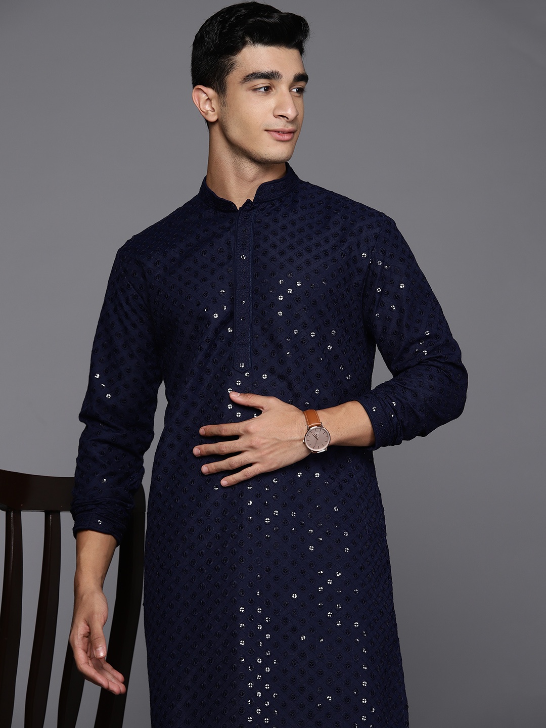 

Indo Era Embroidered Sequined Kurta, Navy blue