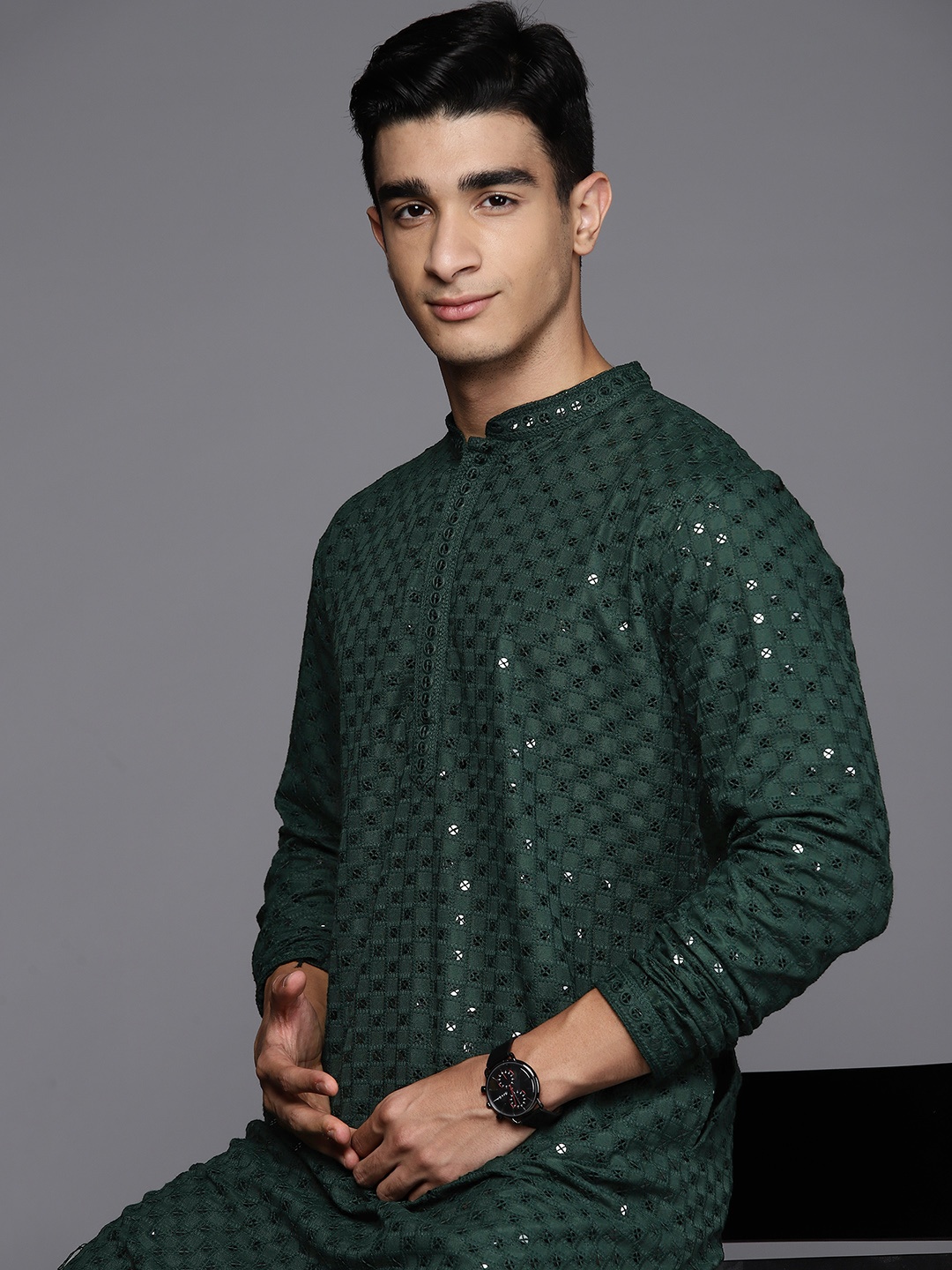 

Indo Era Embroidered Sequined Kurta, Green