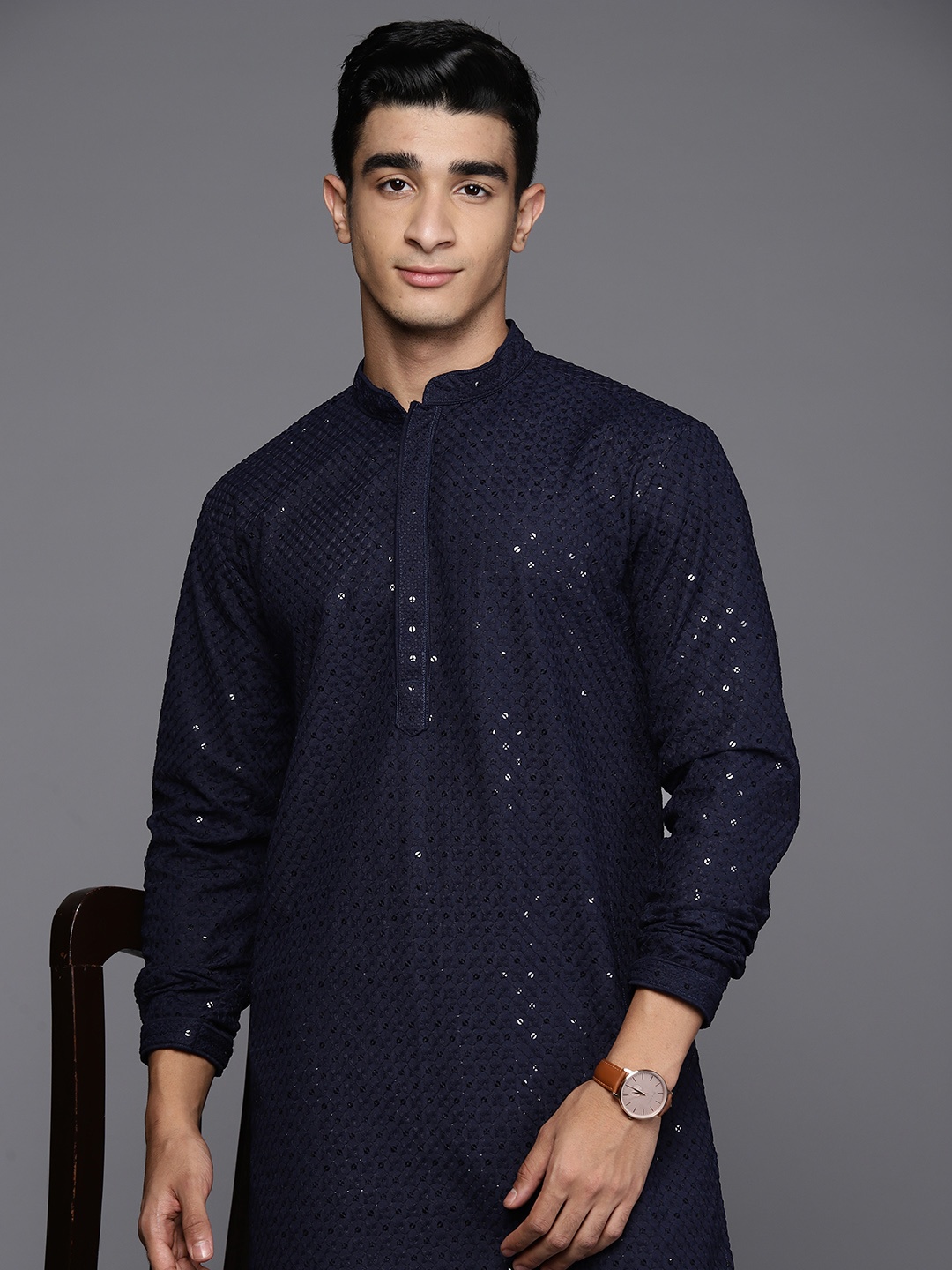 

Indo Era Embroidered Sequined Kurta, Navy blue