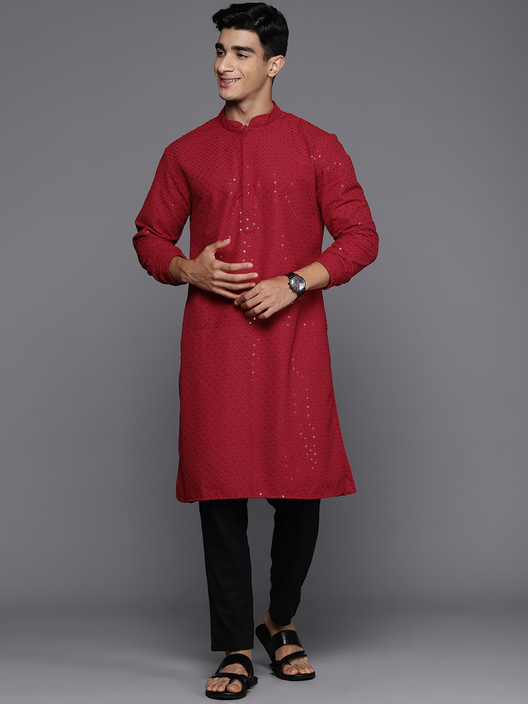 

Indo Era Embroidered Sequined Kurta, Red