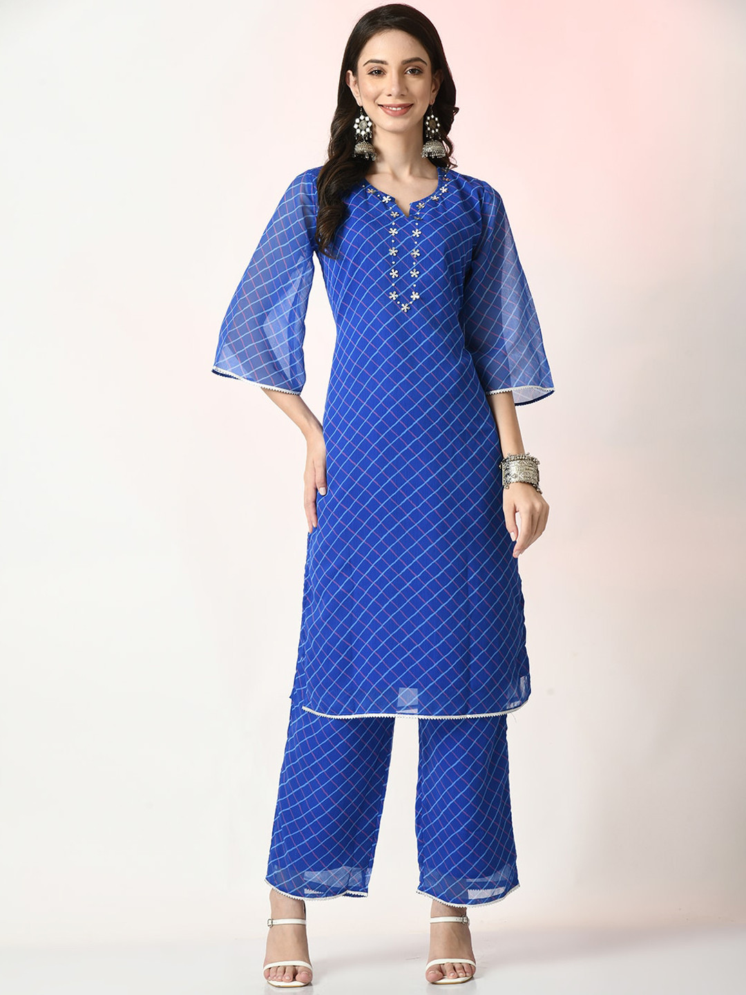 

Myshka Notched Neck Checked Gotta Patti Kurta with Palazzos, Blue