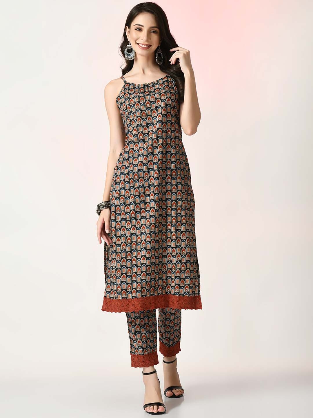 

Myshka Ethnic Motifs Printed Straight Pure Cotton Kurta with Trousers, Blue