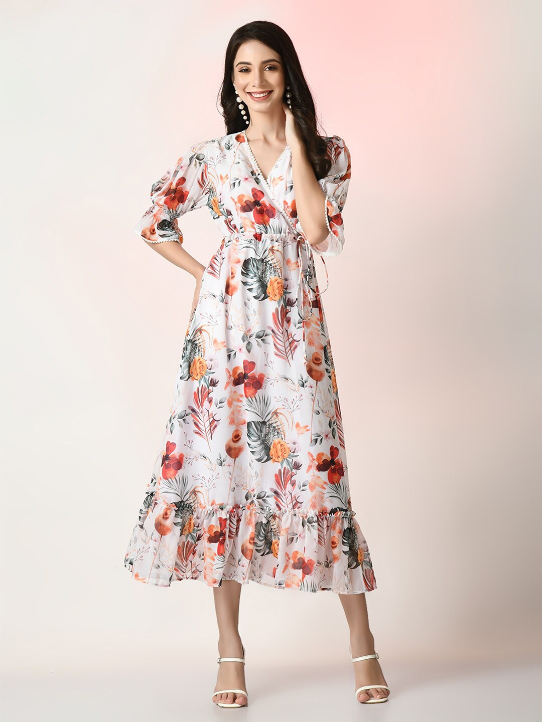 

Myshka Floral Printed V-Neck Georgette Puff Sleeves Wrap Midi Dress, White