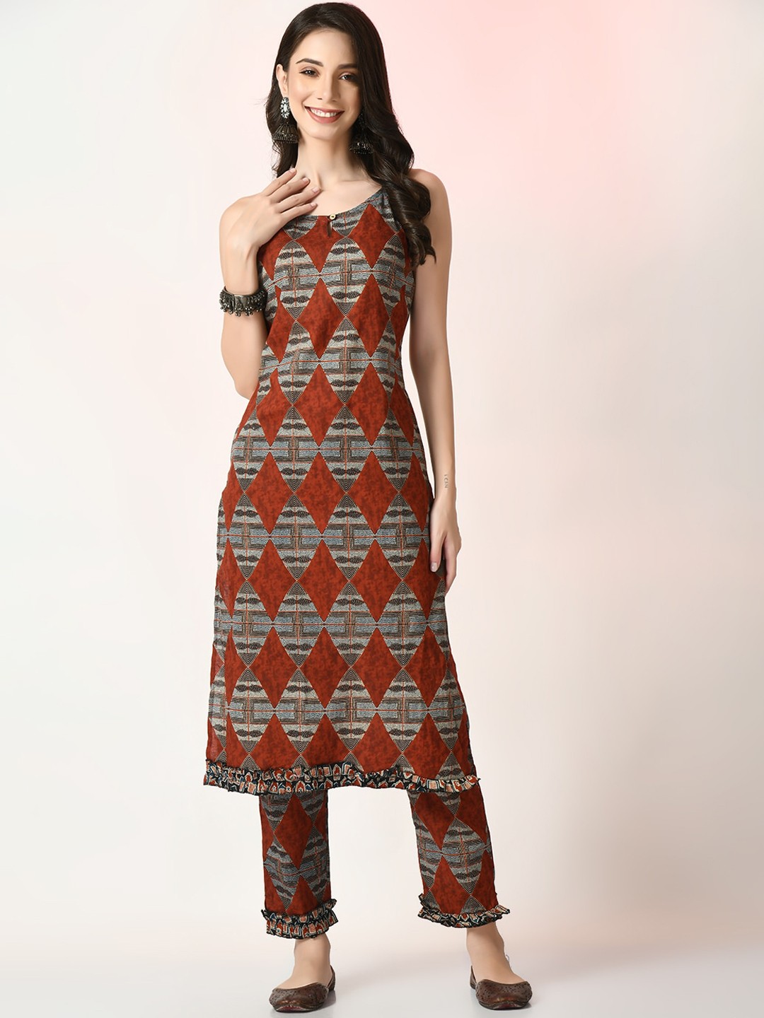 

Myshka Ethnic Motifs Printed Straight Pure Cotton Kurta with Trousers, Red