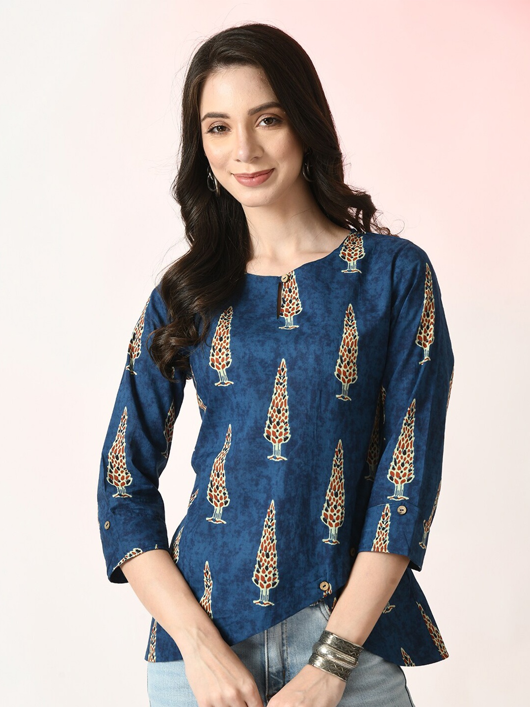 

Myshka Ethnic Motifs Printed Cotton Top, Blue