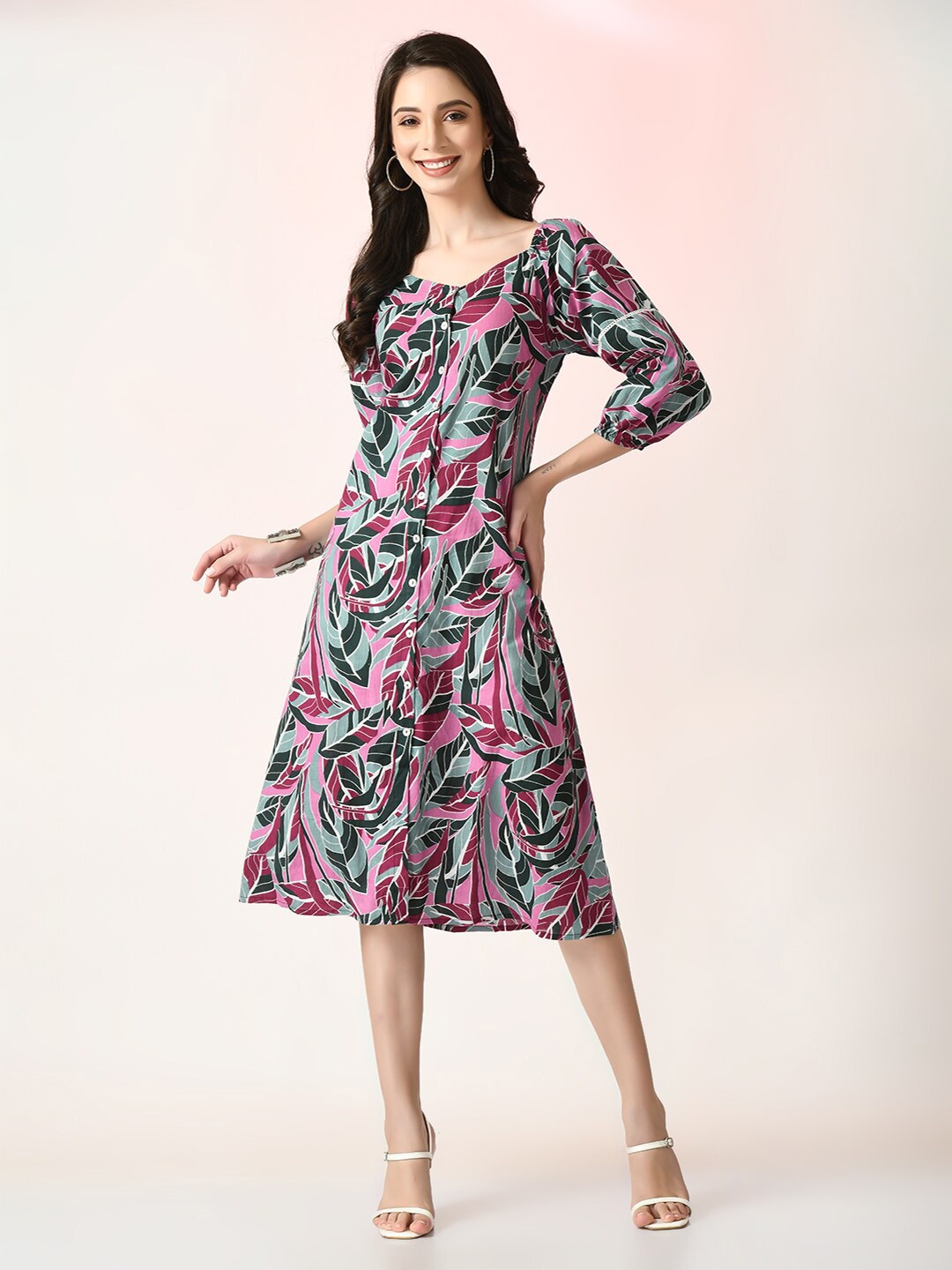 

Myshka Tropical Printed Puff Sleeves Cotton A-Line Midi Dress, Pink