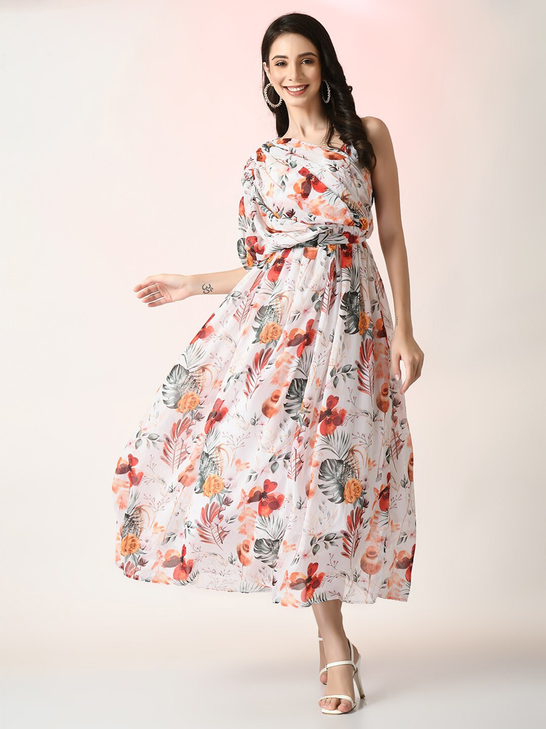 

Myshka Floral Printed Asymmetric Neck Ruched Pleated Georgette Fit & Flare Midi Dress, White
