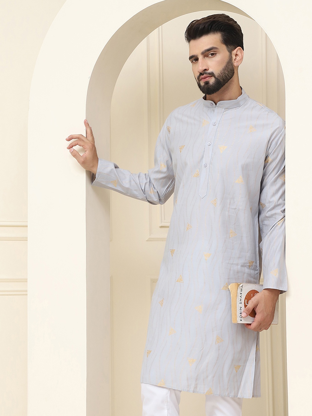 

SOJANYA Band Collar Ethnic motif Printed Kurta, Grey