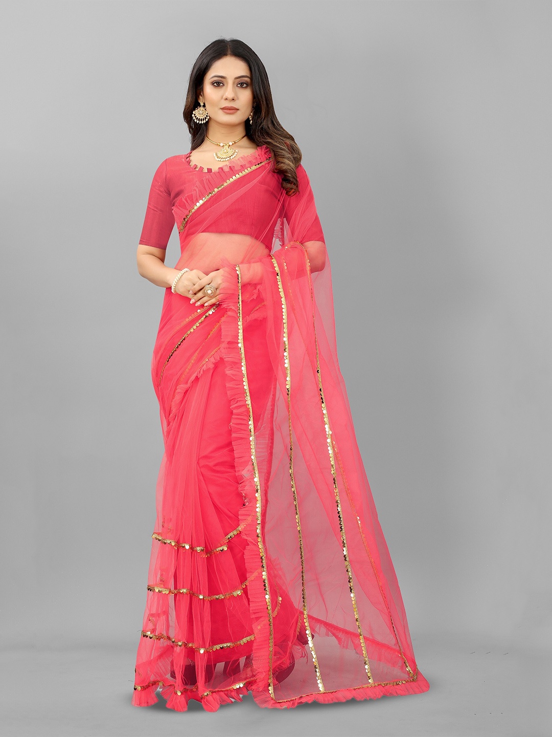 

BARKIYA CREATION Sequinned Net Designer Leheriya Saree, Red