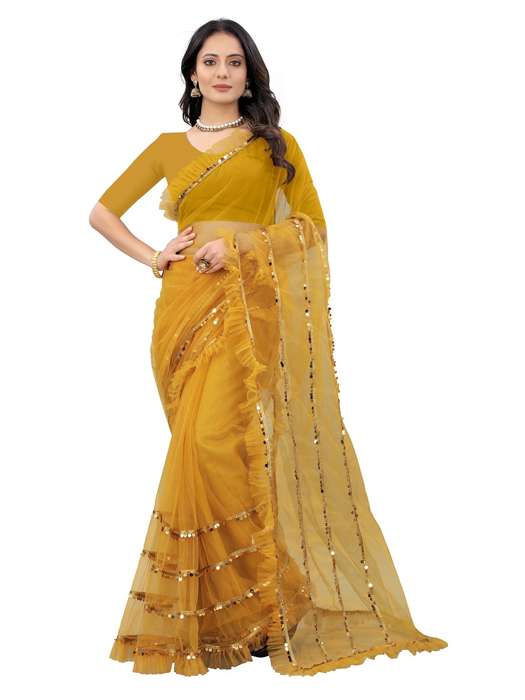 

BARKIYA CREATION Embellished Sequinned Saree, Yellow