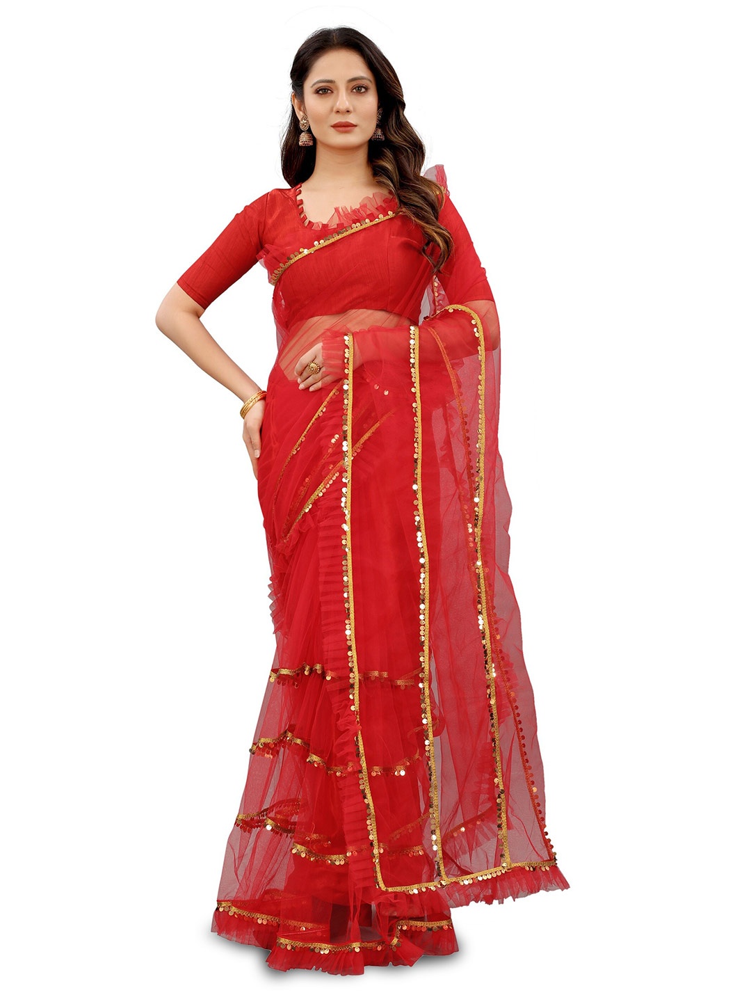 

BARKIYA CREATION Embellished Sequinned Saree, Red