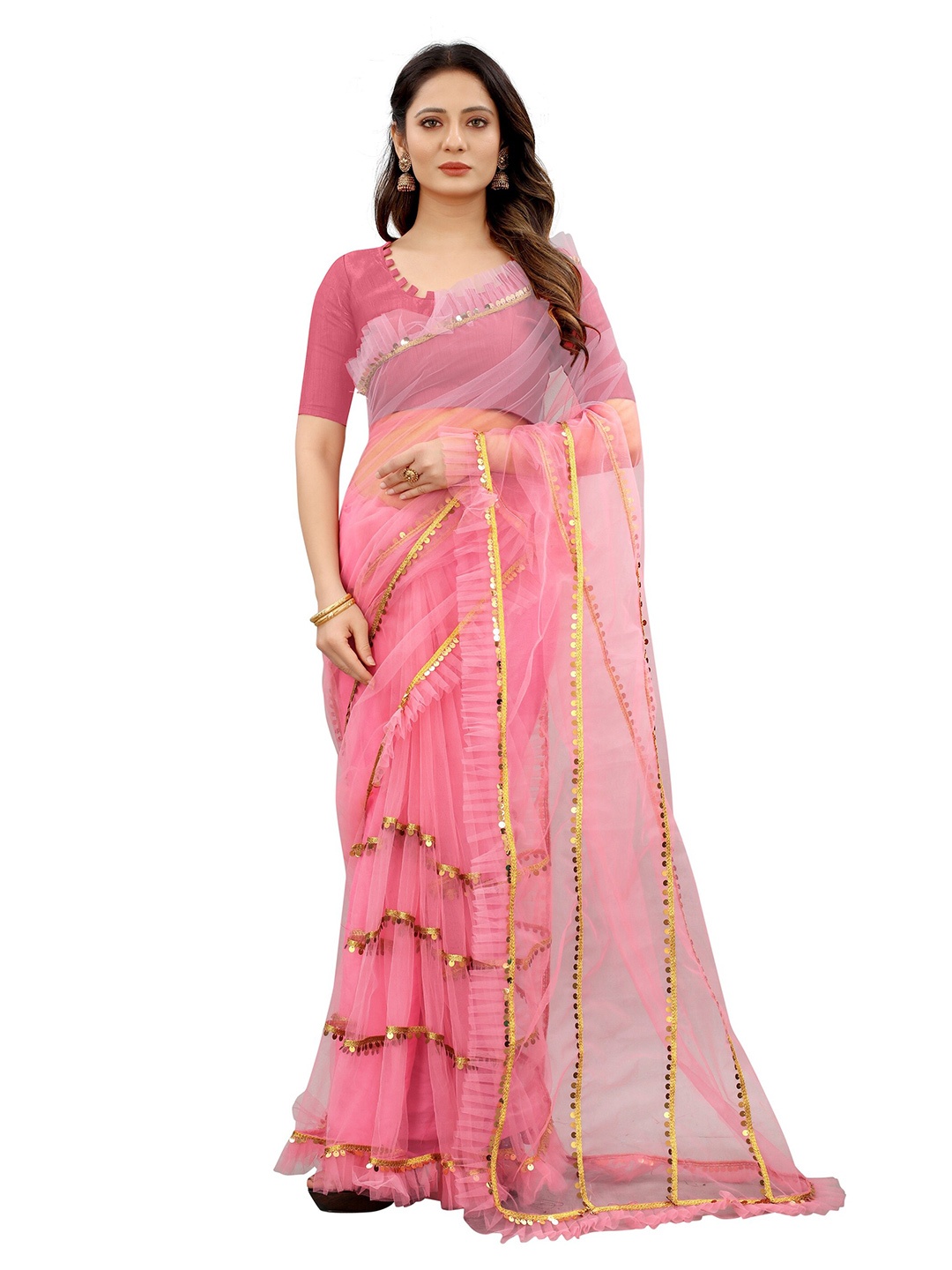 

BARKIYA CREATION Embellished Sequinned Ruffled Saree, Pink