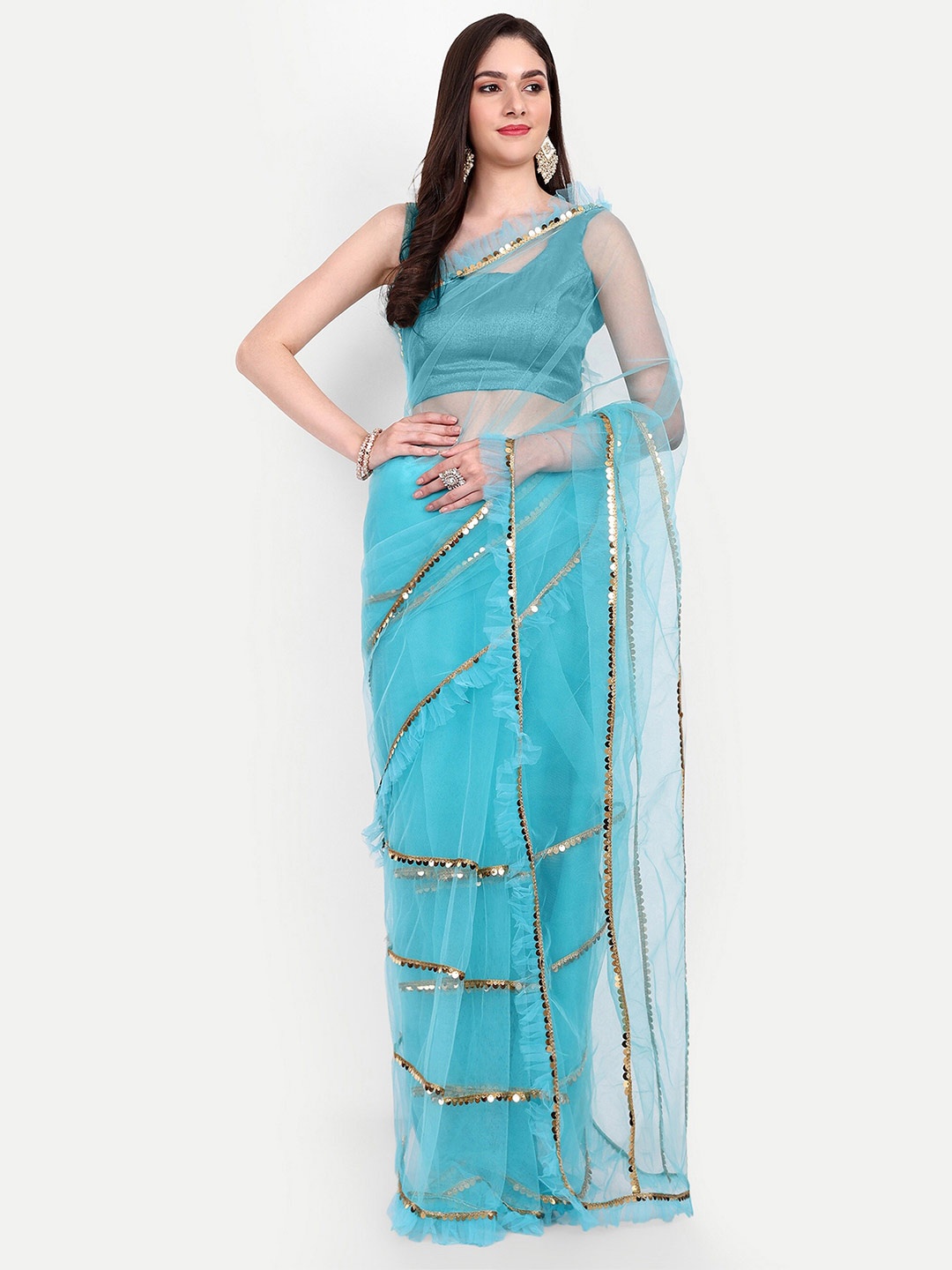 

BARKIYA CREATION Embellished Sequinned Saree, Turquoise blue