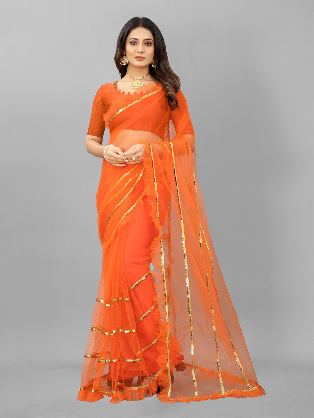 

BARKIYA CREATION Embellished Sequinned Saree, Orange