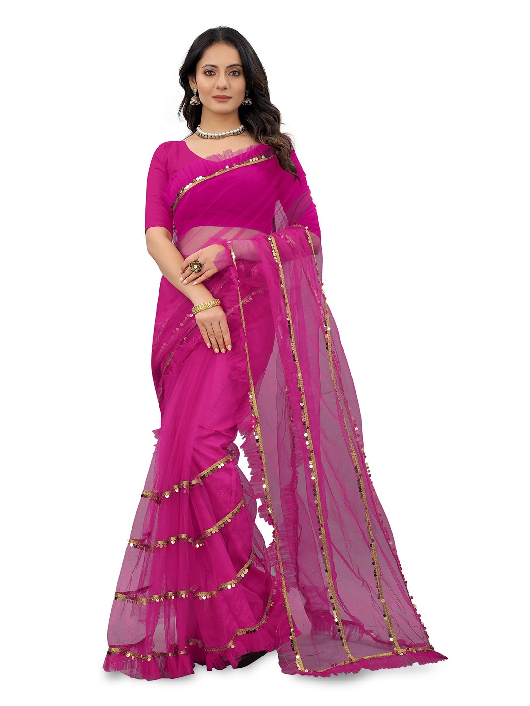 

BARKIYA CREATION Sequinned Net Leheriya Saree With Ruffled Border, Pink