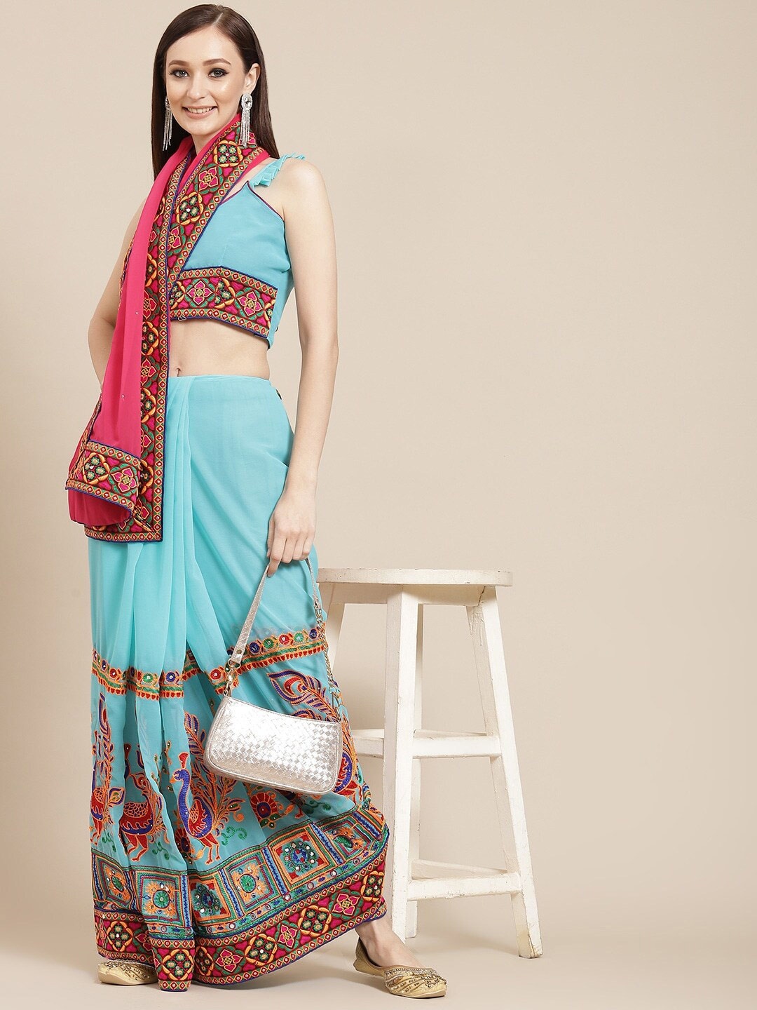 Mitera Floral Embroidered Mirror Work Pure Georgette Half and Half Saree, Blue