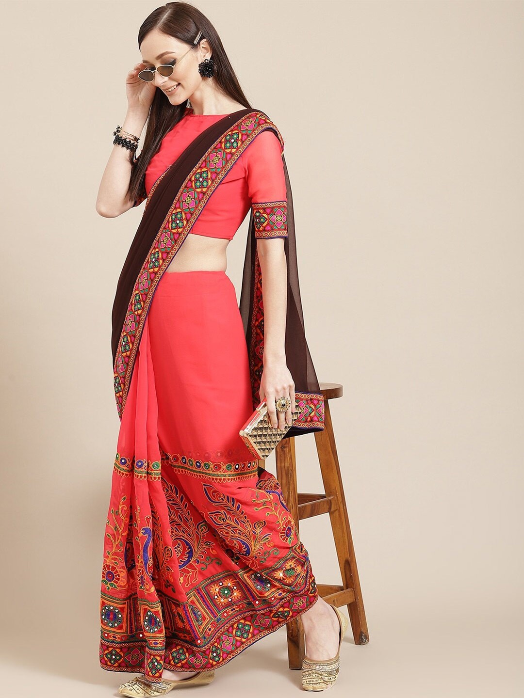 

Mitera Pink & Maroon Ethnic Motifs Embroidered Pure Georgette Saree