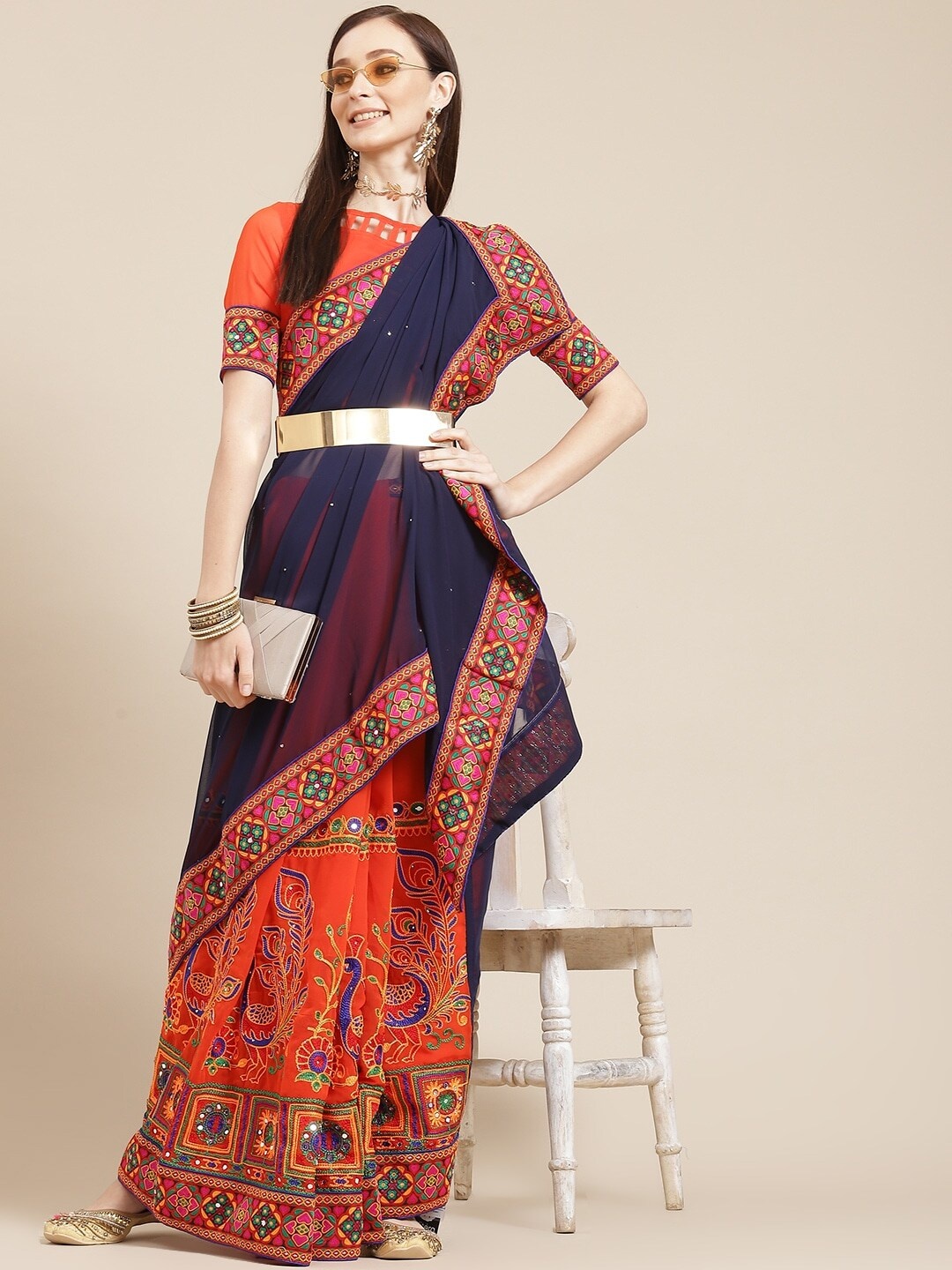 

Mitera Orange-Coloured Ethnic Motifs Embroidered Pure Georgette Half And Half Saree