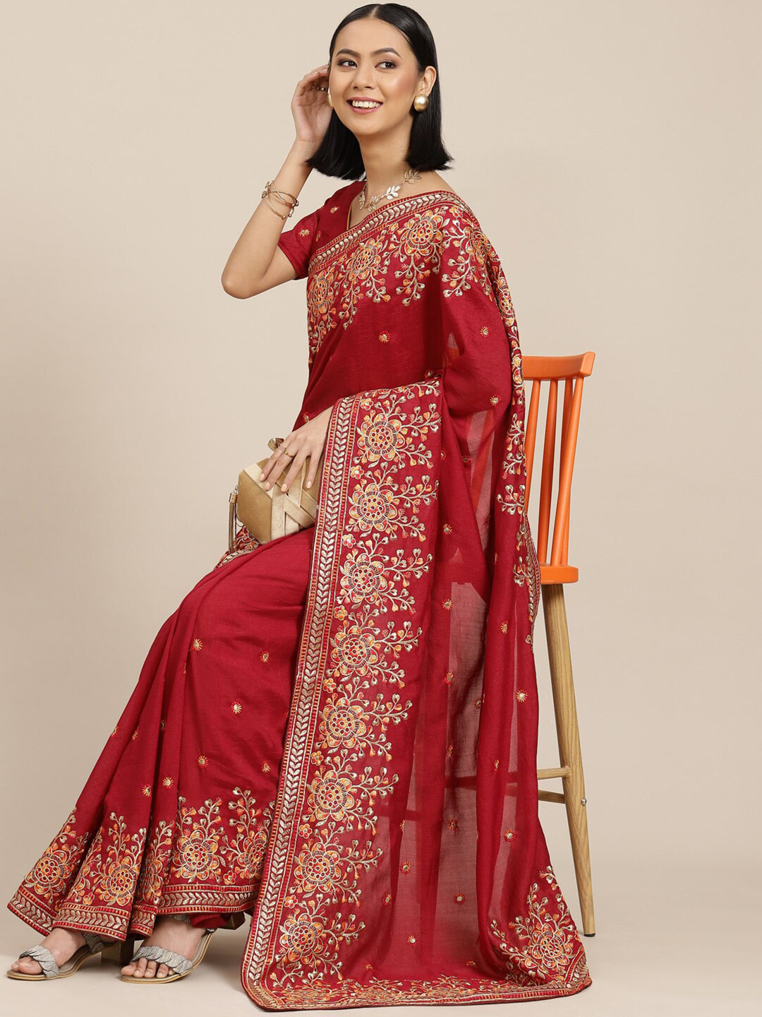 

Mitera Floral Embroidered Saree, Red