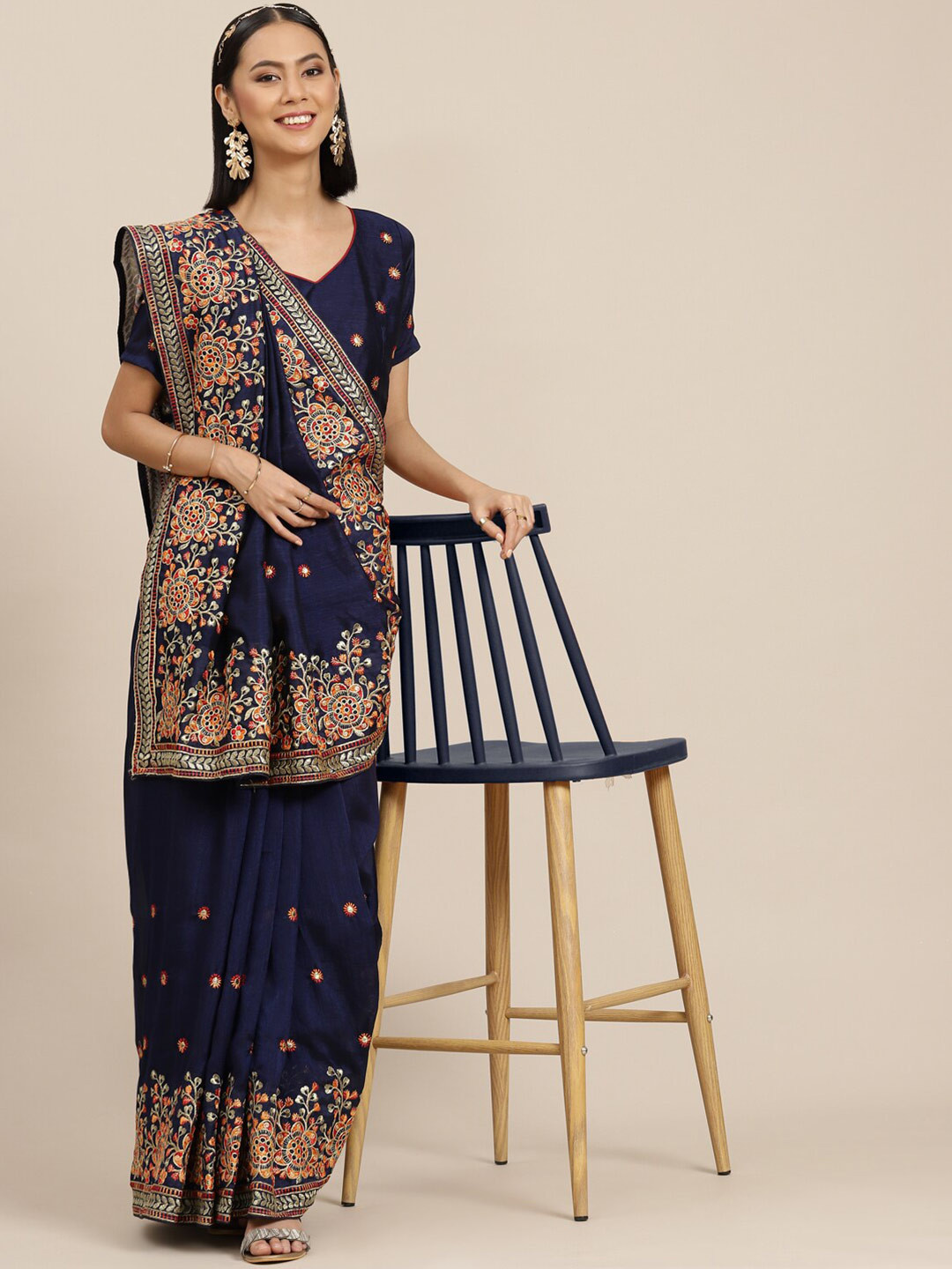 

Mitera Blue & Red Floral Embroidered Pure Georgette Saree